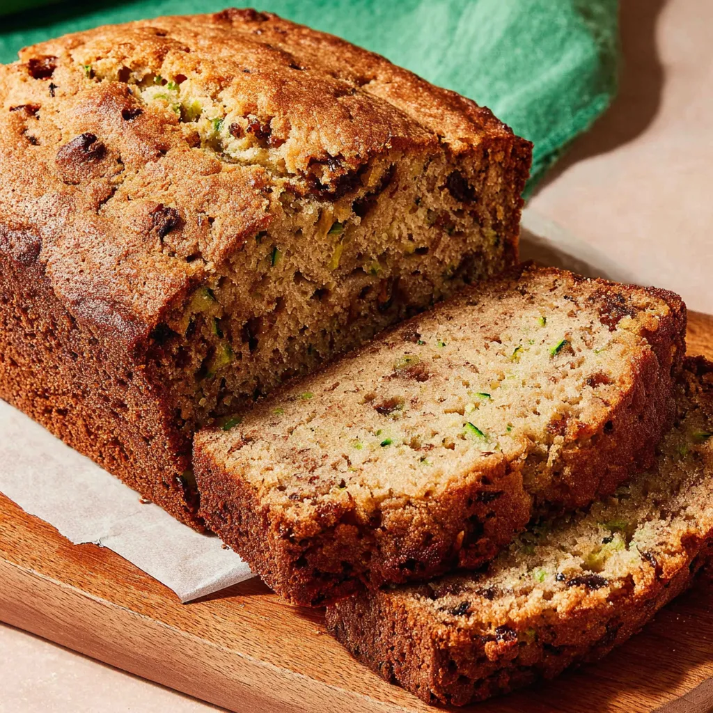 Close-up shot of a slice of sweet cinnamon zucchini bread with brown sugar topping, showcasing the moist texture and inviting flavors.