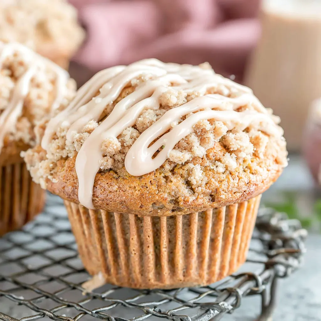 Golden brown bakery-style zucchini muffins topped with a delicious streusel are pictured, showcasing their texture and inviting appearance.