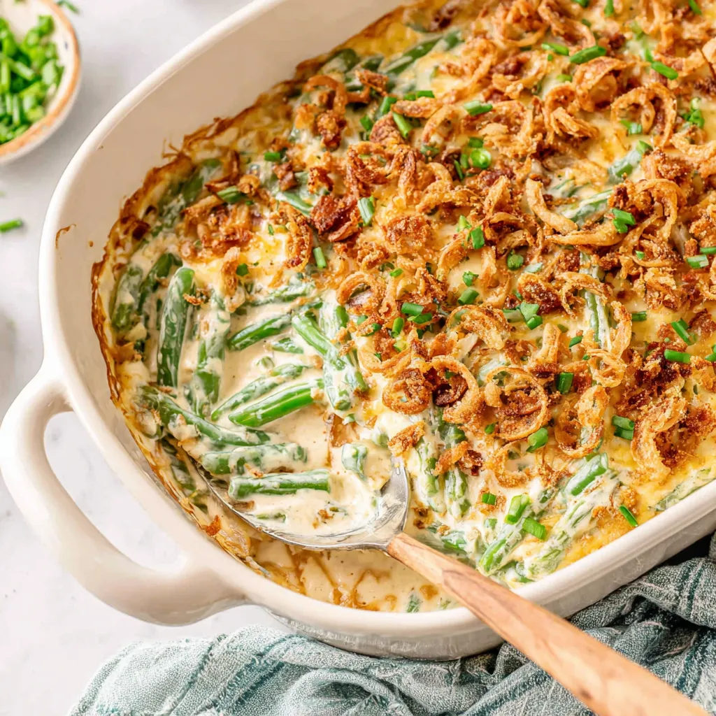 Creamy green bean casserole with cream cheese recipe shown in a second image, highlighting its rich texture and golden-brown topping.