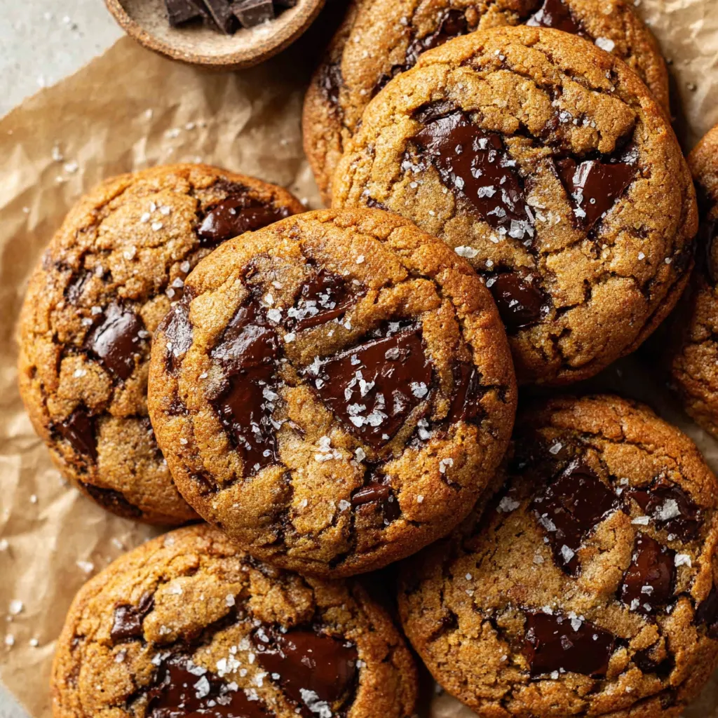 Golden brown butter pumpkin chocolate chip cookies are stacked high, showcasing their soft texture and melty chocolate chips.