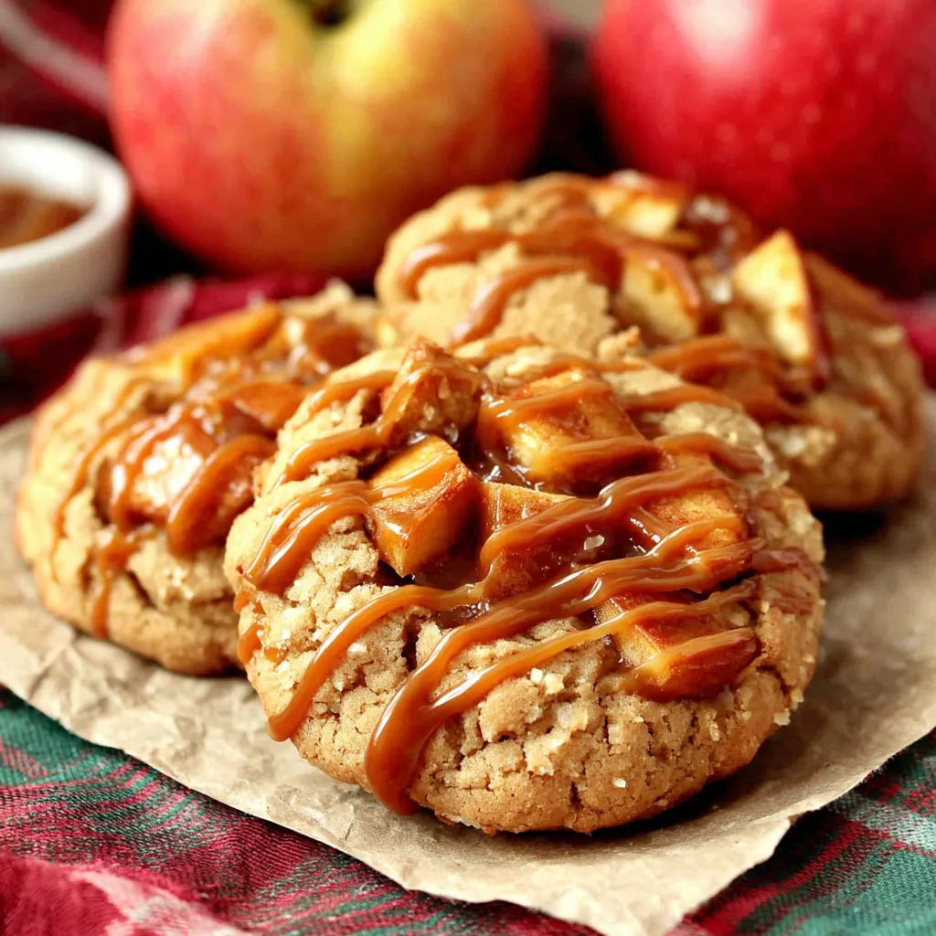 Close-up of a delicious caramel apple cookie, a Crumbl copycat recipe, showcasing its gooey caramel, crisp apple pieces, and soft cookie base.