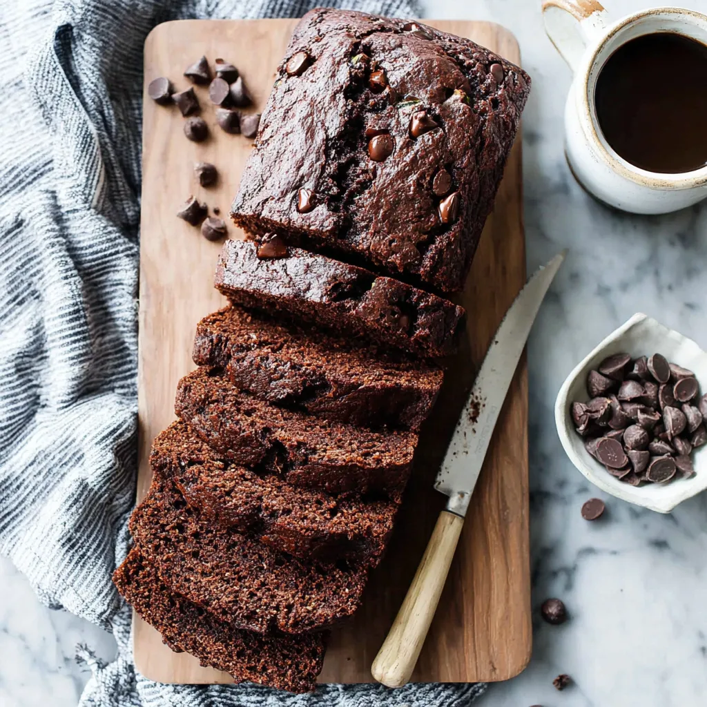 Rich double chocolate zucchini bread loaf, ready to slice.