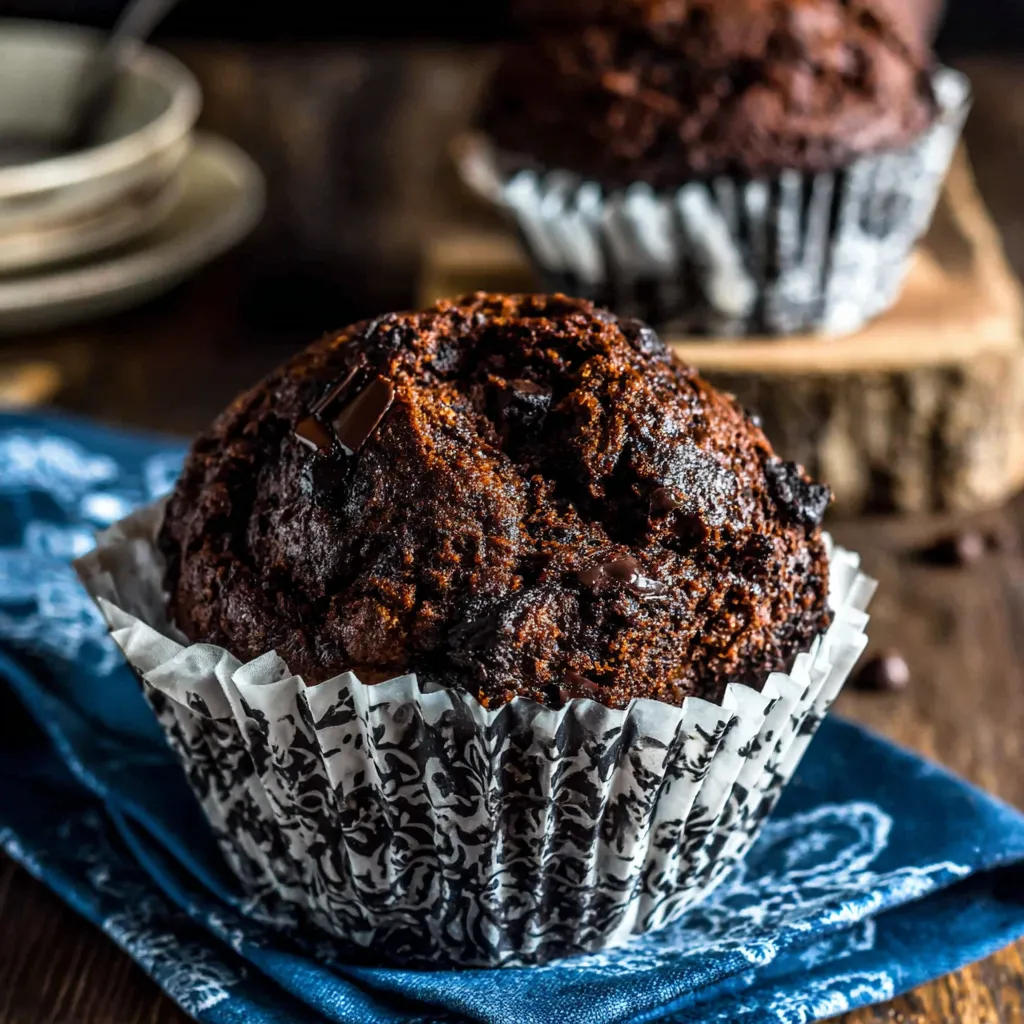 Close-up view of delicious, moist chocolate zucchini muffins showcasing their texture and healthy ingredients.