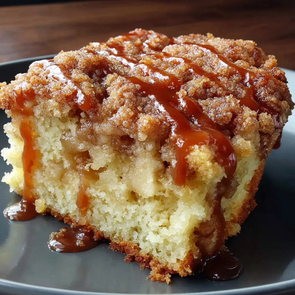 A close-up showcases the delicious apple crumb cake with cinnamon apple drizzle, highlighting its golden-brown crumble topping and moist apple filling.