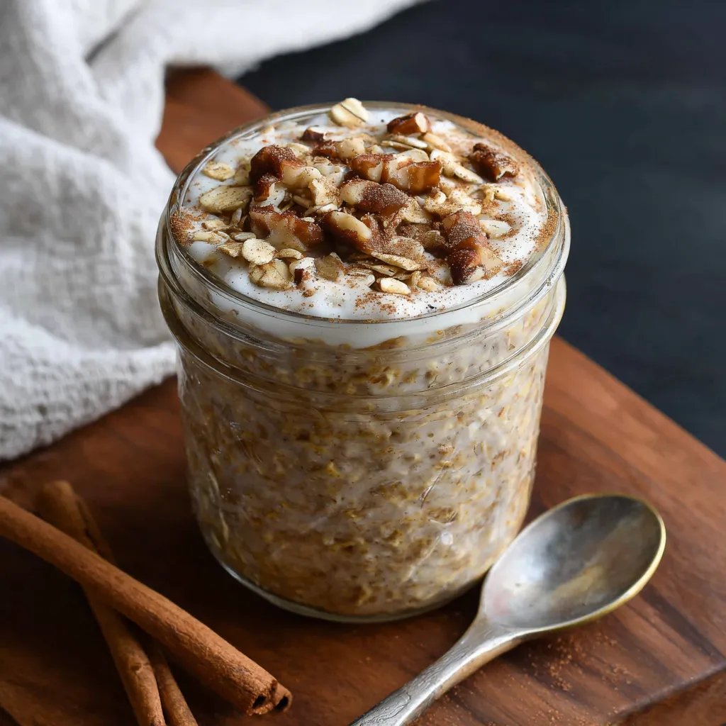 Irresistible cinnamon roll overnight oats are showcased in this image, highlighting a delicious and easy 5-minute prep breakfast recipe perfect for a quick and flavorful morning meal.