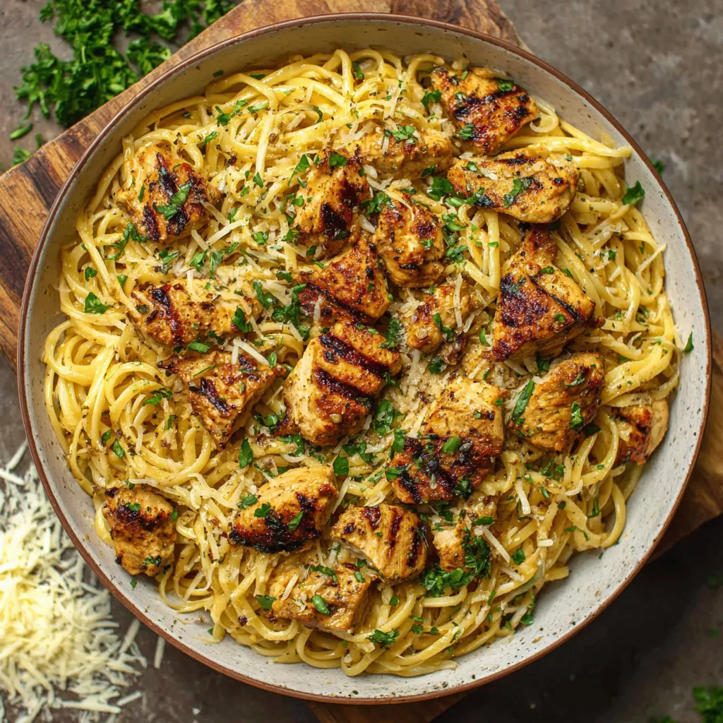 Close-up of creamy Cowboy Butter Chicken Linguine. Pasta night upgrade!