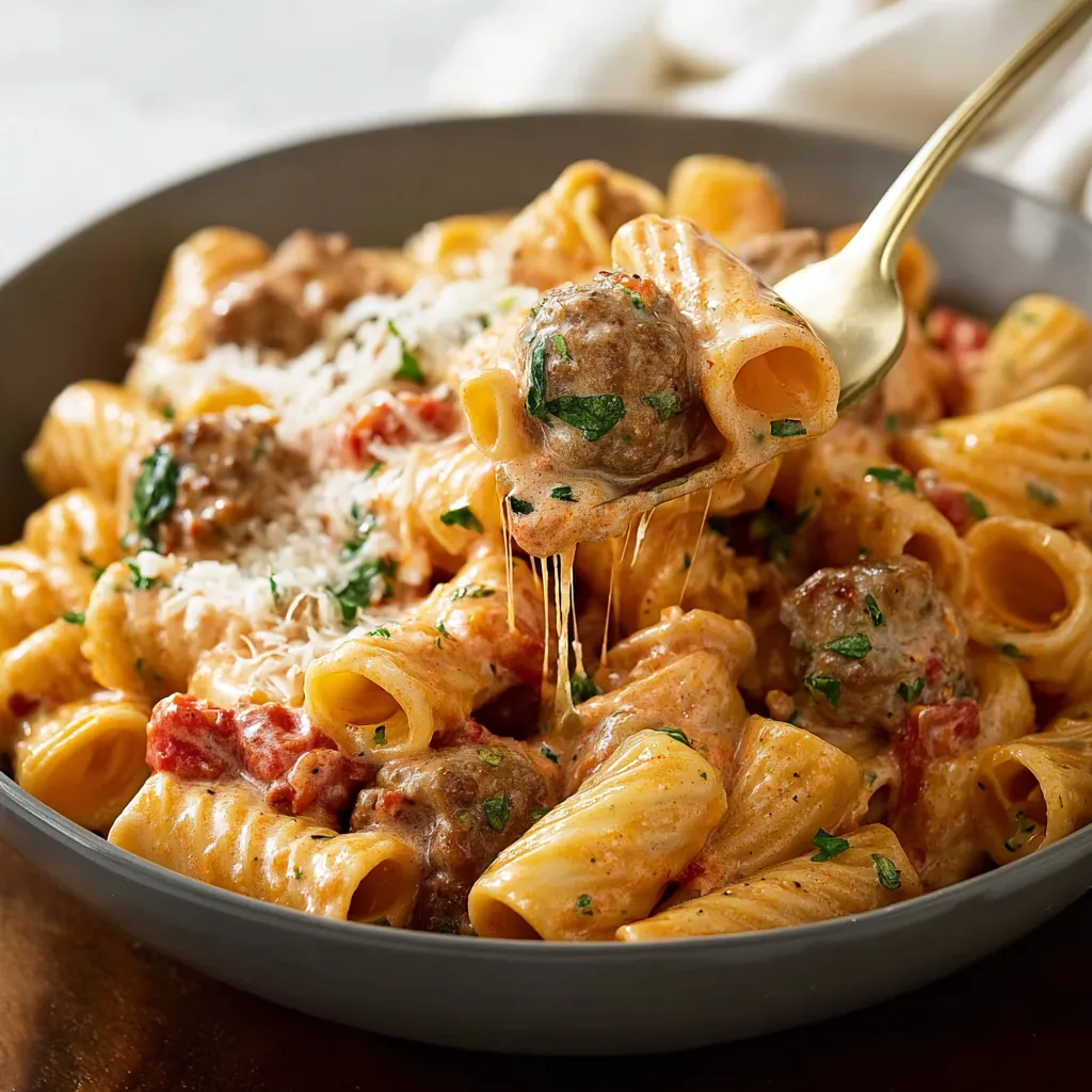 Creamy sausage pasta dish with penne, tomato sauce, and melted cheese, a quick and comforting meal.