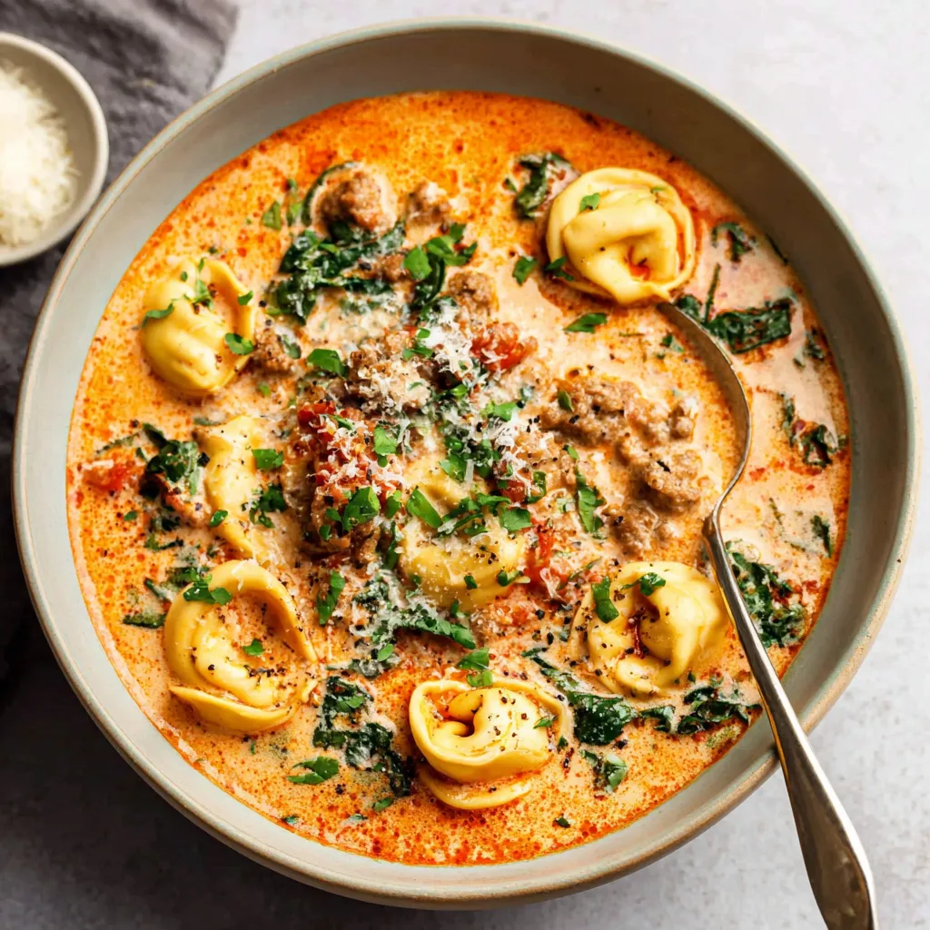 Close-up of a bowl of creamy crockpot tortellini soup with sausage, showing the cheesy tortellini, browned sausage, and rich broth, inviting readers to try this easy recipe.