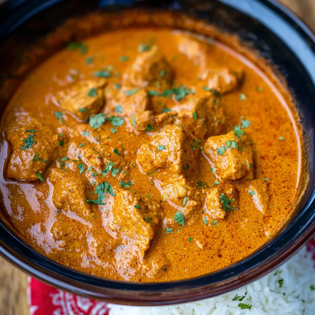 Creamy and delicious slow cooker Indian butter chicken simmers to perfection in this close-up image from a recipe showcasing the best flavors.