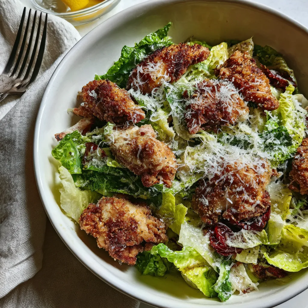Close-up of delicious Pan-Fried Chicken Caesar Salad showcasing crispy chicken and fresh greens for an irresistible meal.