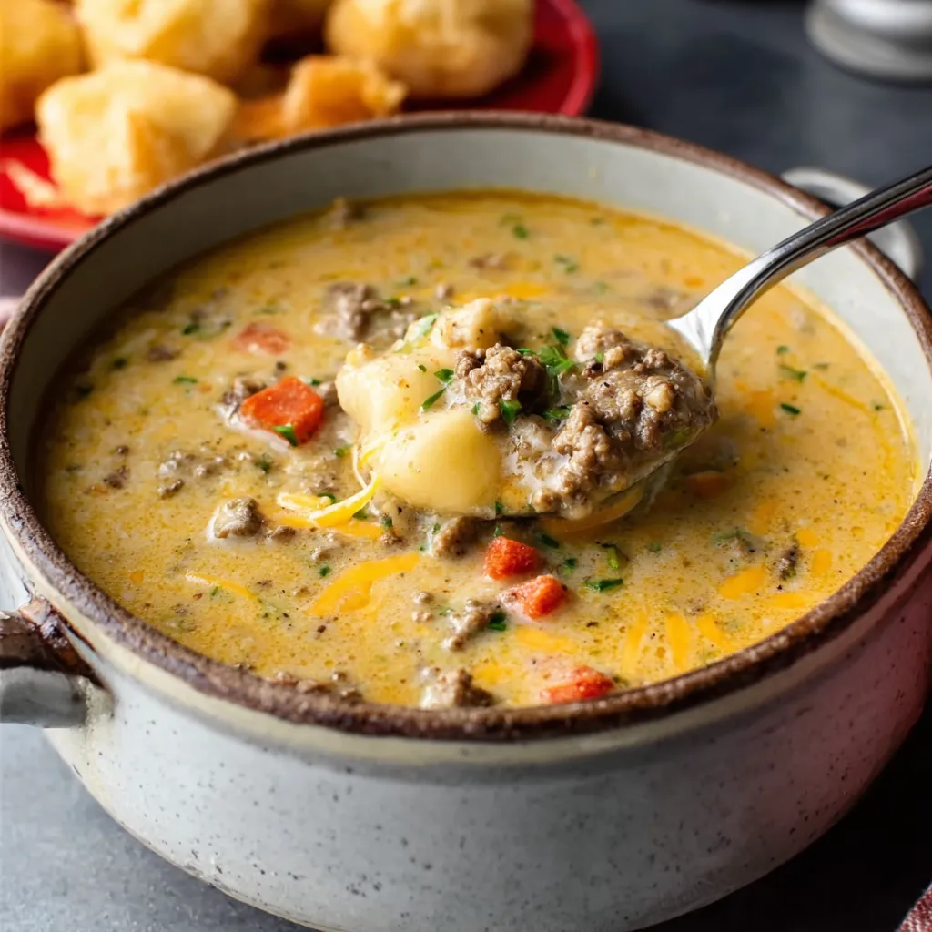 Crock Pot cheeseburger soup simmers in a slow cooker, showcasing a hearty and easy family dinner recipe.