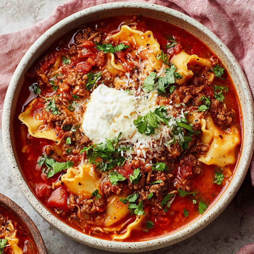 Easy crockpot lasagna soup is shown in a bowl, ready to be eaten.