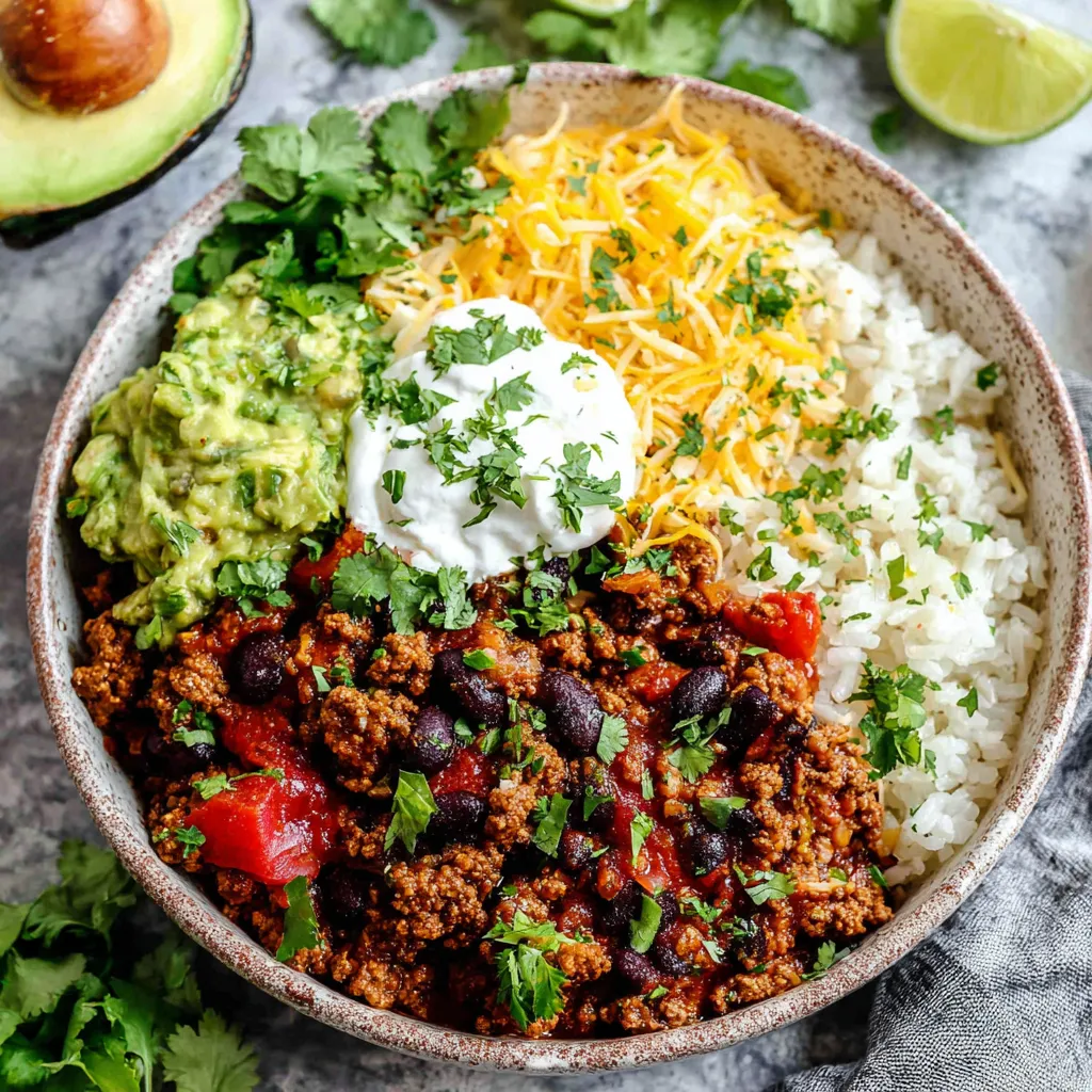 Close-up shot of a vibrant taco rice bowl with seasoned ground beef, shredded lettuce, diced tomatoes, cheese, sour cream, and crushed Doritos, highlighting the quick and easy 30-minute meal preparation.