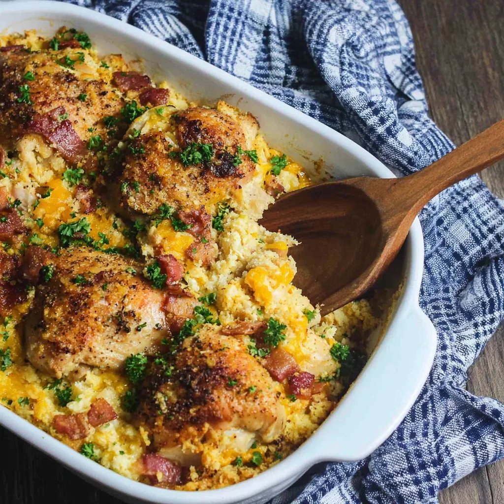 Creamy low carb chicken casserole in baking dish, ready to serve.