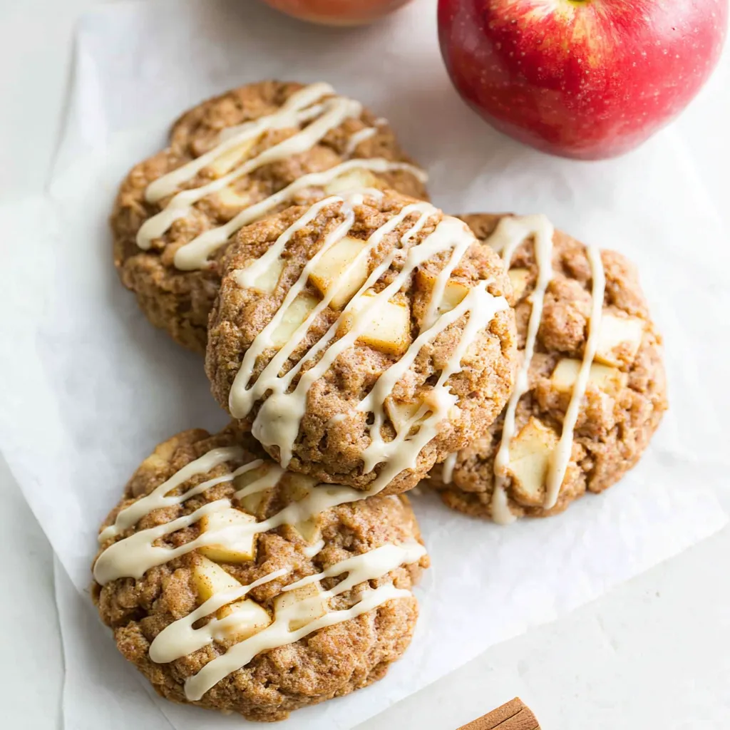 Easy homemade apple cinnamon cookies with a decadent maple glaze are pictured, perfect for fall baking and a sweet treat.