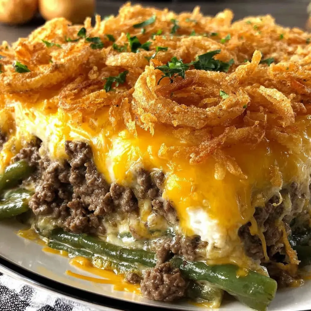 Cozy hamburger green bean casserole bake, cheesy and bubbly.