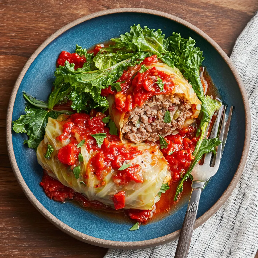 Easy Cabbage Rolls: Close-up of stuffed cabbage rolls in a baking dish, ready to bake.
