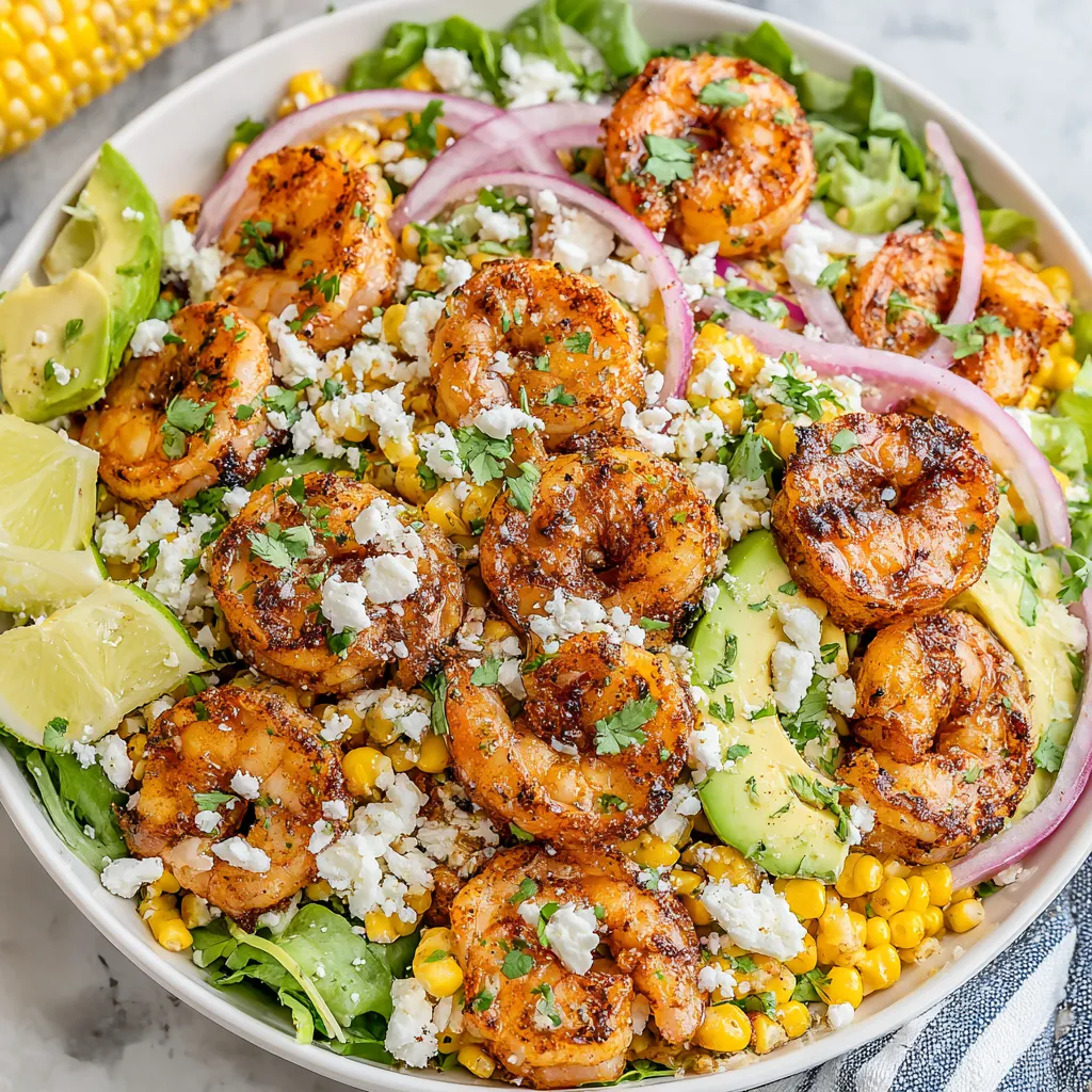 Close-up showcasing the vibrant colors and textures of Mexican Street Corn and Shrimp, highlighting the creamy sauce, grilled corn kernels, succulent shrimp, and sprinkle of chili powder, illustrating a delicious fiesta on a plate.
