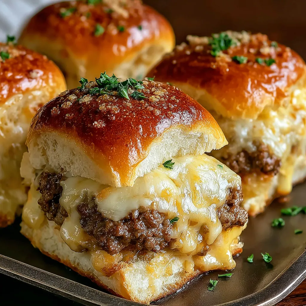 Garlic Parmesan Cheeseburger Bombs feature a close-up showcasing the cheesy, savory filling of the burger bombs.