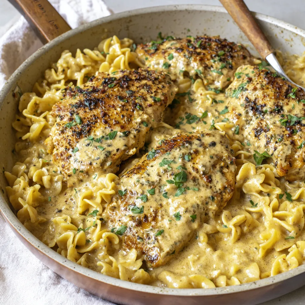 Garlic Parmesan Chicken Pasta. Creamy sauce, chicken, and noodles.