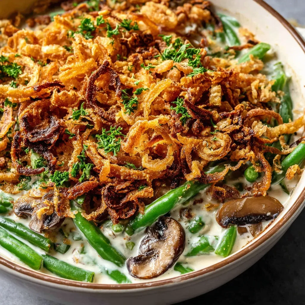 Grandma's ultimate green bean casserole recipe image shows a close-up of the creamy, golden-brown topping, hinting at the delicious, secret ingredient.