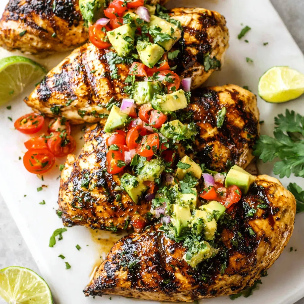 Grilled California avocado chicken. Easy recipe with juicy chicken and creamy avocado.