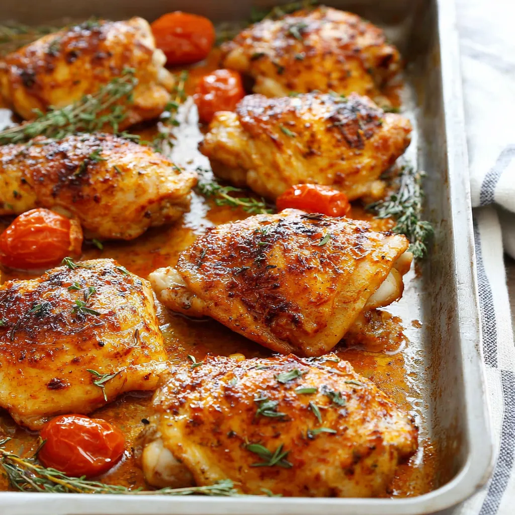 Close-up view of perfectly juicy and golden-brown oven-baked boneless chicken thighs, highlighting their crispy skin and succulent texture.
