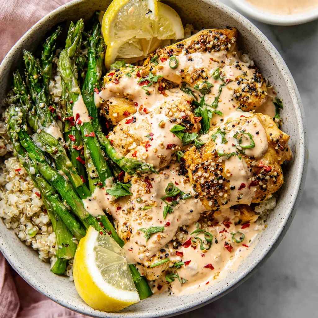 Zesty Lemon Pepper Chicken Bowl is a creamy and delightful dish, as shown in this second image highlighting its fresh ingredients and appealing presentation.
