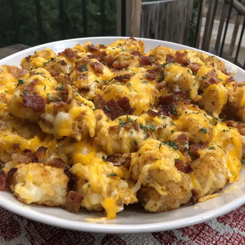 Irresistibly crispy and cheesy loaded tater tots overflowing with toppings, a close-up shot to showcase their texture and deliciousness.
