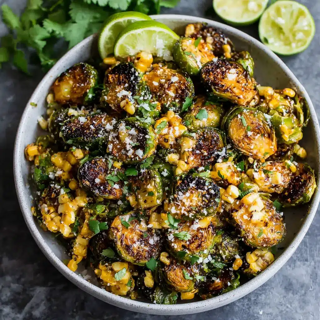 Close-up image of Irresistible Mexican Street Corn Brussels Sprouts showcasing the charred sprouts, creamy sauce, cotija cheese, chili powder, and lime wedge, perfect for an appetizer or side dish.