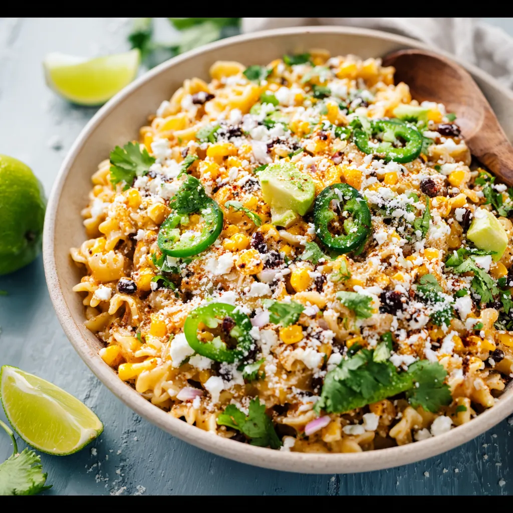 Easy Mexican street corn salad recipe image showing the finished dish ready to be served, highlighting its vibrant colors and tempting texture.