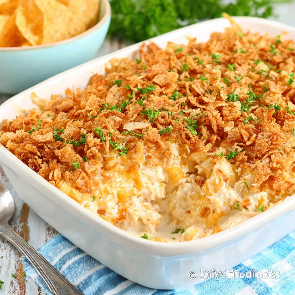 Creamy million dollar chicken casserole. Comfort food dish.
