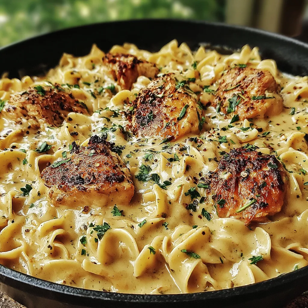 One-pan chicken and buttered noodles, ready to serve.