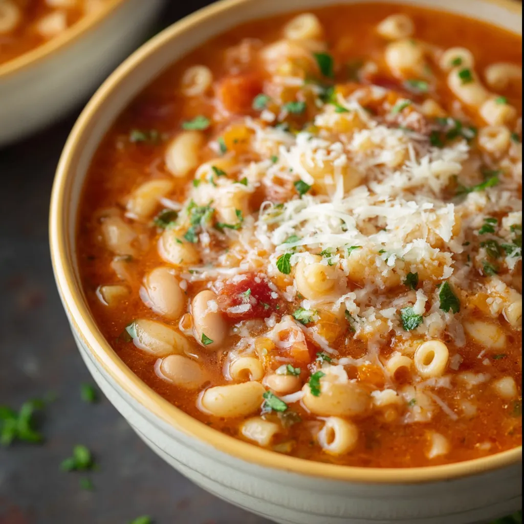 Close-up of a steaming bowl of Pasta Fagioli, showcasing the beans, pasta, and savory broth, illustrating the quick and comforting nature of this easy recipe.