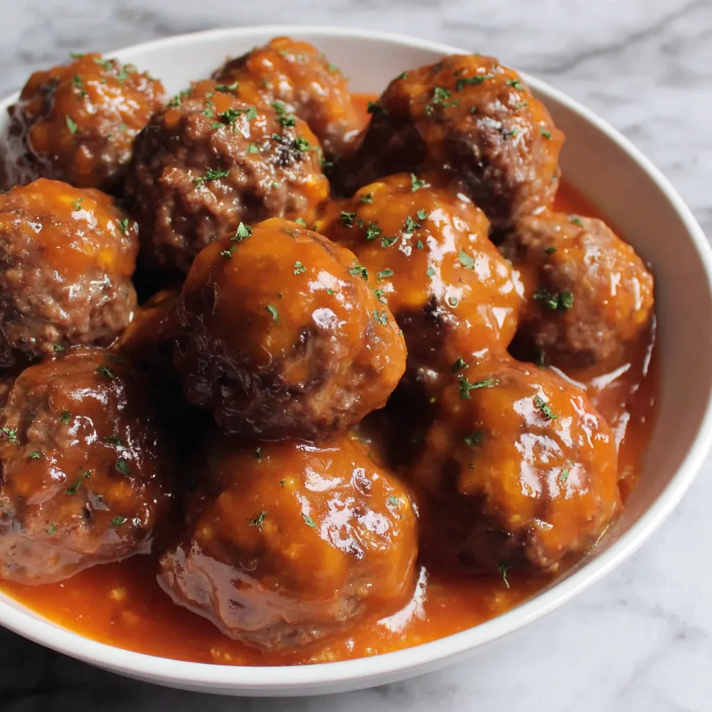 Close-up view of glistening peach bourbon meatballs, showcasing their rich sauce and appealing texture.