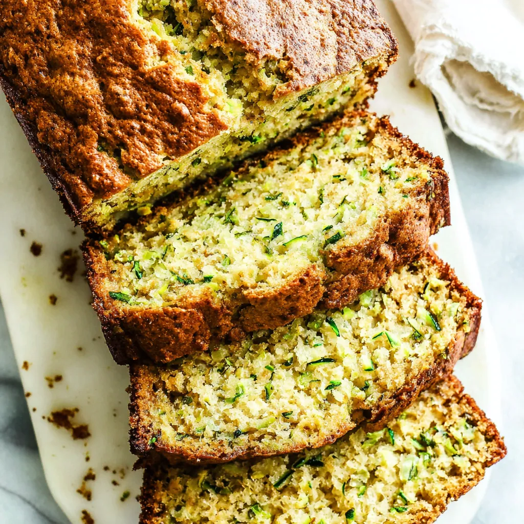 Close-up of perfectly baked zucchini bread showcasing its moist texture and golden-brown crust, emphasizing its deliciousness for this easy recipe.