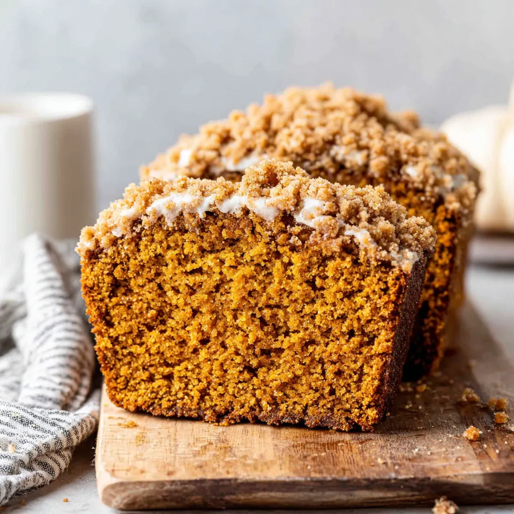 Close-up view of a freshly baked pumpkin bread with a golden-brown crumb topping, showcasing its texture and inviting aroma for this easy pumpkin bread recipe.