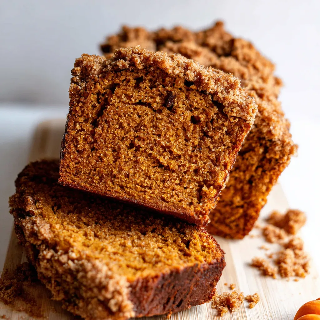 Close-up view of a freshly baked pumpkin streusel bread loaf showcasing the golden-brown streusel topping and moist interior, perfect for a fall treat.