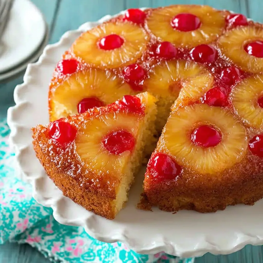 Golden-brown pineapple upside-down cake with caramelized pineapple rings and bright red cherries, ready to be served, showcasing the deliciousness of this easy dessert recipe.