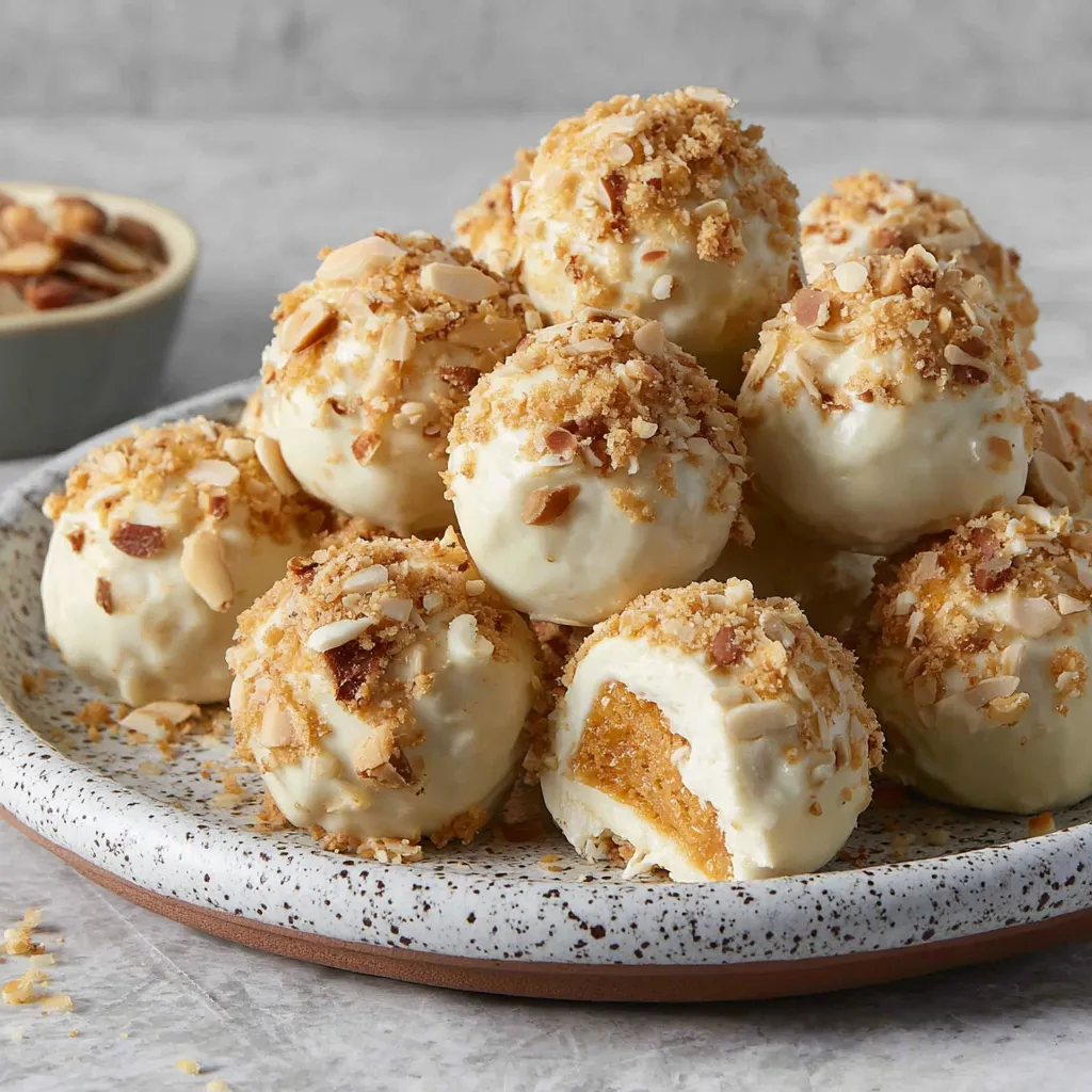 Irresistible no bake pumpkin cheesecake balls are displayed, showcasing their creamy texture and autumn-inspired flavors, perfect for a simple and delicious dessert.