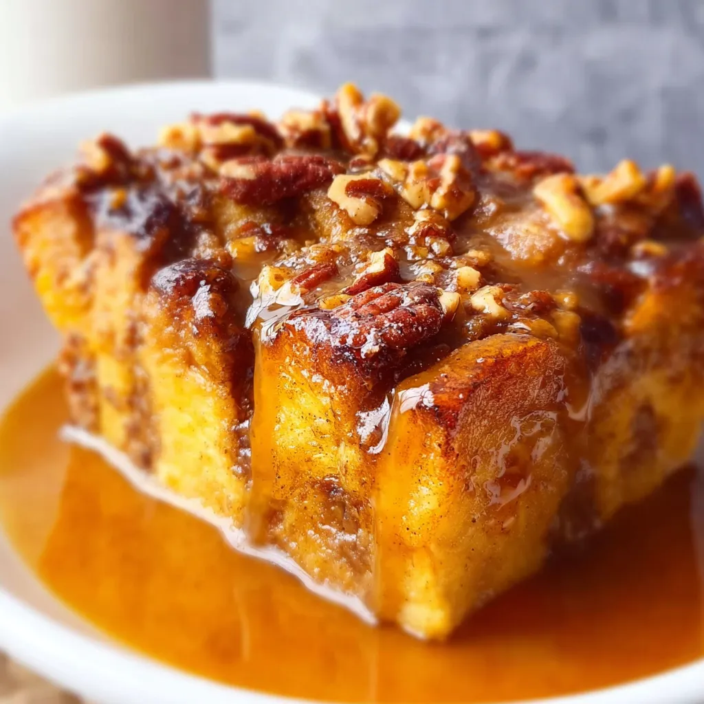 Dreamy Pumpkin Praline Bread Pudding is shown in a close-up, tempting view.
