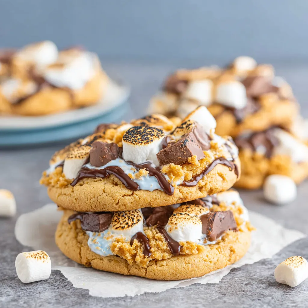 Close-up view of pumpkin s'mores cookies showcasing their gooey marshmallow center and chocolate chips, perfect for fall baking and a delicious twist on classic s'mores.