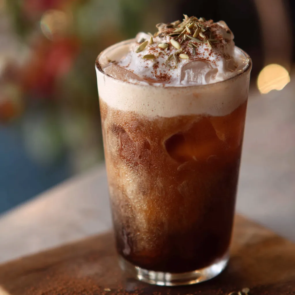 A close-up of a Creamy Caramel Pumpkin Spice Iced Coffee Delight showcases its layered textures and autumnal colors.