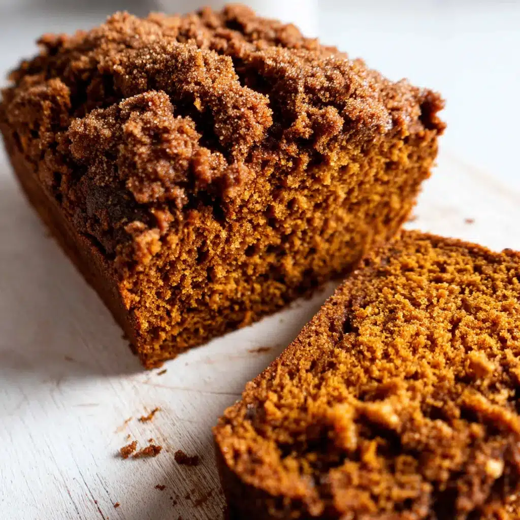 Close-up of a slice of moist pumpkin streusel bread showcasing its texture and crumb, perfect for a cozy fall treat.