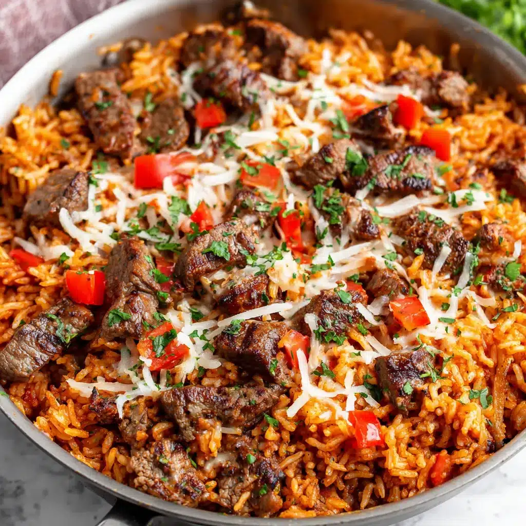 Creamy queso rice with juicy steak is shown as a flavorful second serving suggestion for an irresistible weeknight meal.