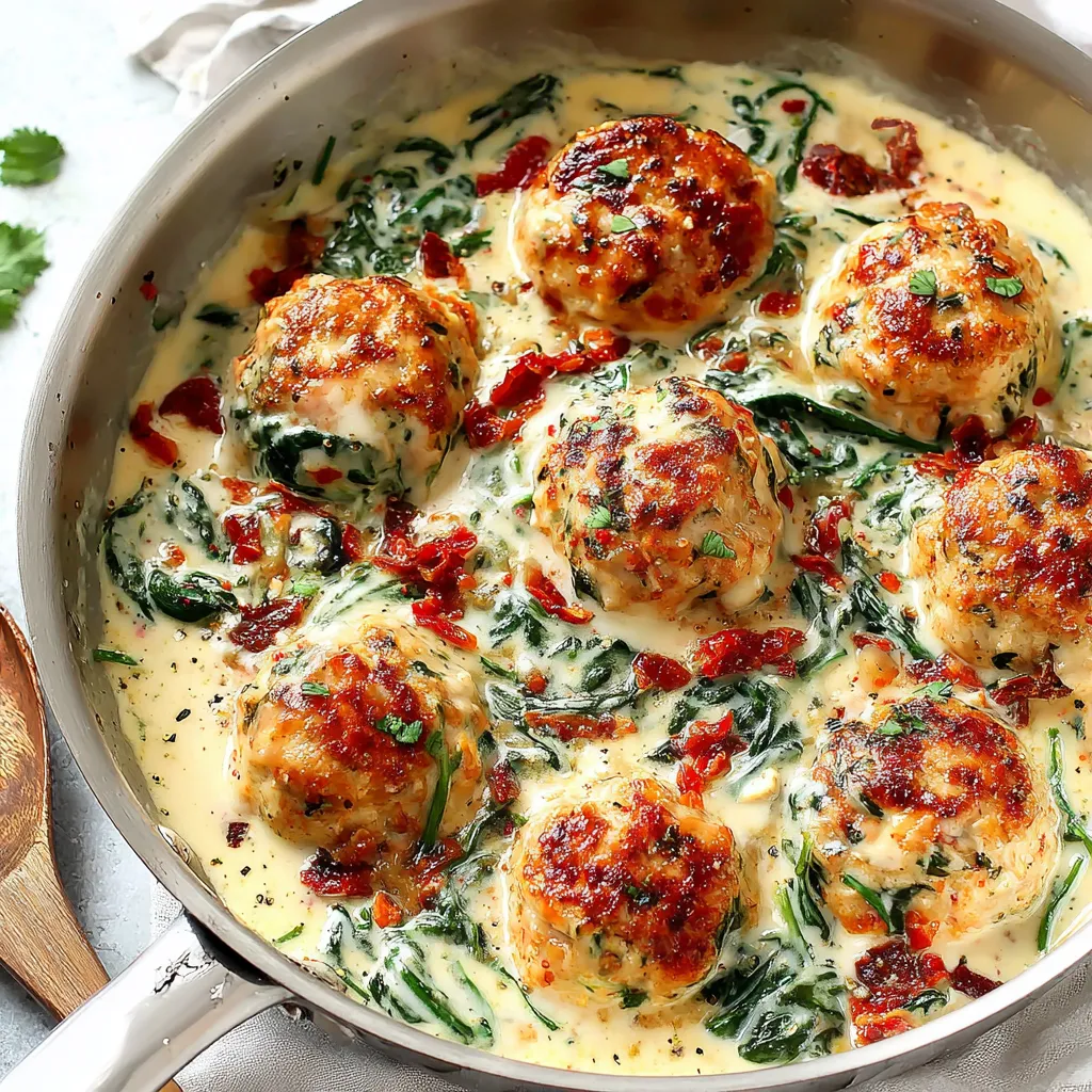 Creamy chicken ricotta meatballs in spinach Alfredo sauce.