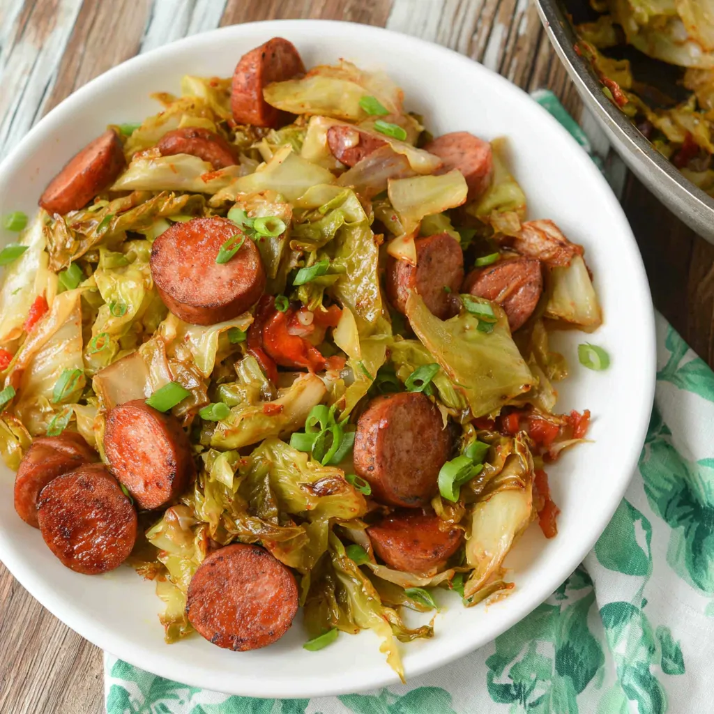Second content image showing the finished easy sausage and cabbage stir fry, perfect for a quick and delicious weeknight meal.
