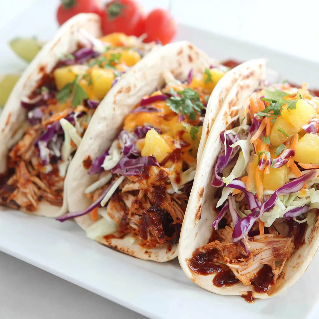 Close-up view of juicy chipotle pineapple chicken tacos topped with fresh cilantro, showcasing the vibrant flavors and textures of this spicy recipe.