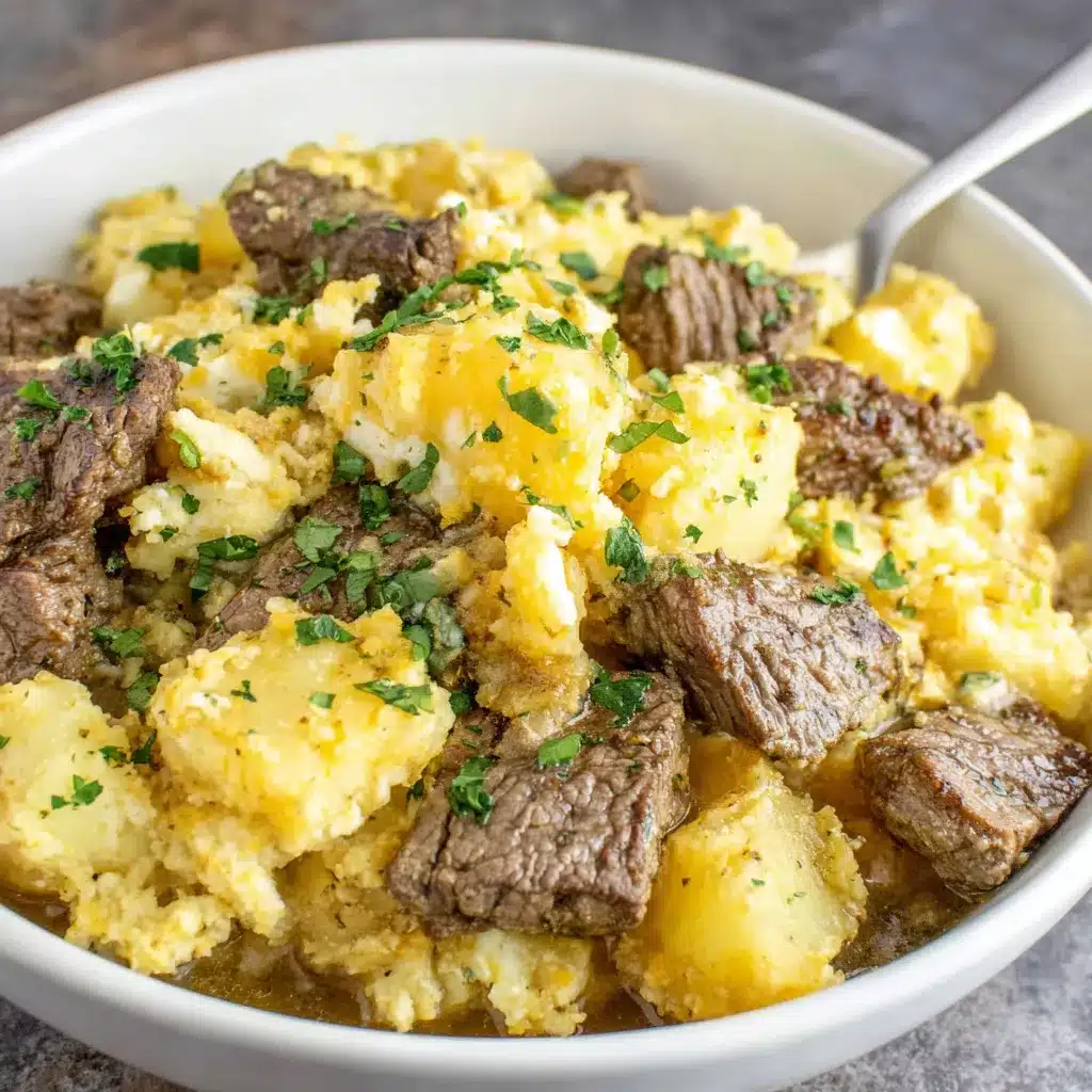 Slow cooker steak and cheddar potato casserole in a dish, perfect for a comforting meal.