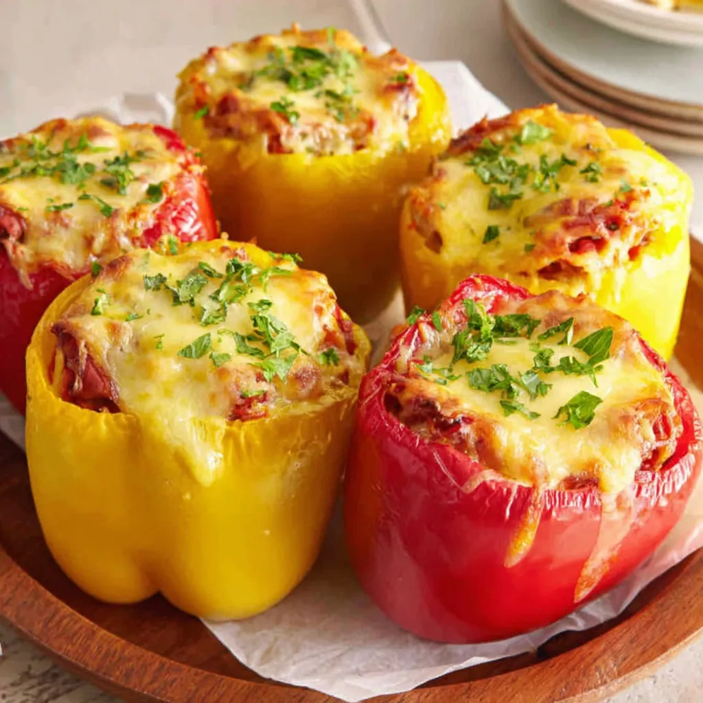 A second content image shows cooked stuffed bell peppers made easily in a slow cooker.